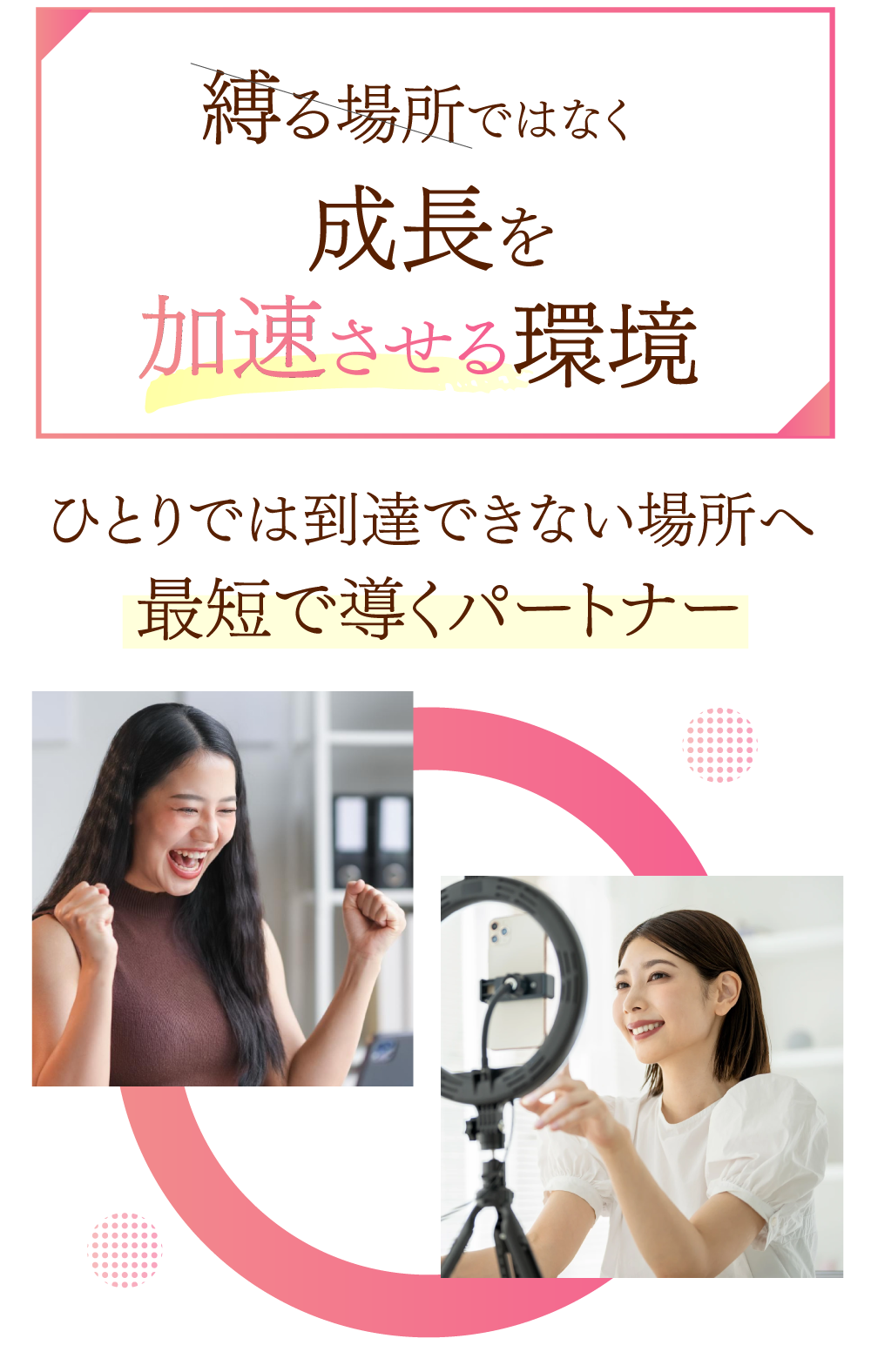 縛る場所ではなく<br>
成長を加速させる環境ひとりでは到達できない場所へ最短で導くパートナー